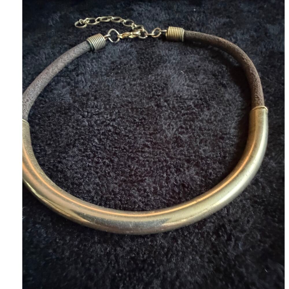 Modernist Brass Tone Tube Collar Necklace Brown Cord
